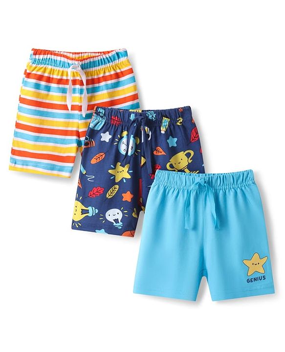 Babyhug Single Jersey Knit Mid Thigh Shorts With Space Theme Print Pack of 3 - Multicolor