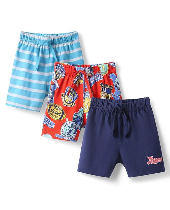 Babyhug Single Jersey Knit Mid Thigh Shorts With Text Print Pack of 3 - Red Light & Navy Blue