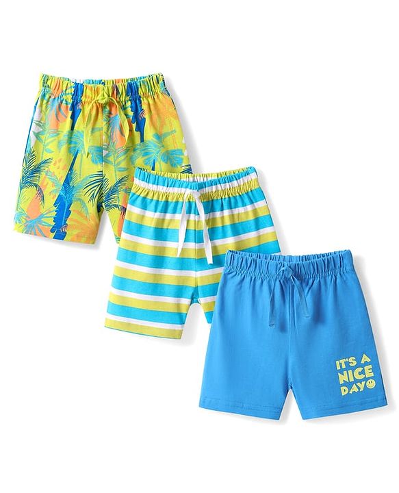 Babyhug Cotton Knit Mid Thigh Shorts with Tropical Theme Print & Stripes Pack of 3 - Multicolor