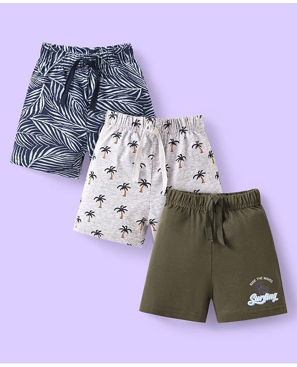 Babyhug Single Jersey Knit Mid Thigh Shorts with Tropical & Text Print Pack of 3 - Black & Grey