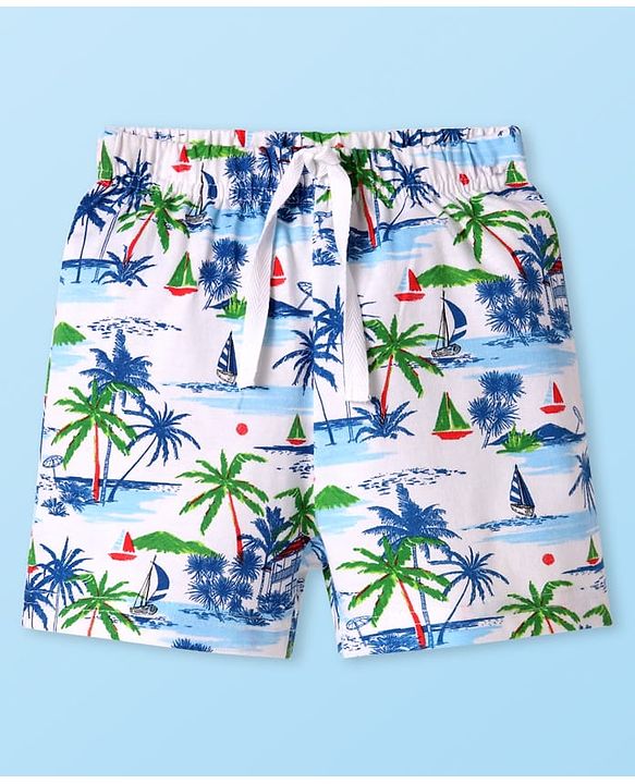 Babyhug Cotton Knit Mid Thigh Length Shorts with Beach Theme Print - White