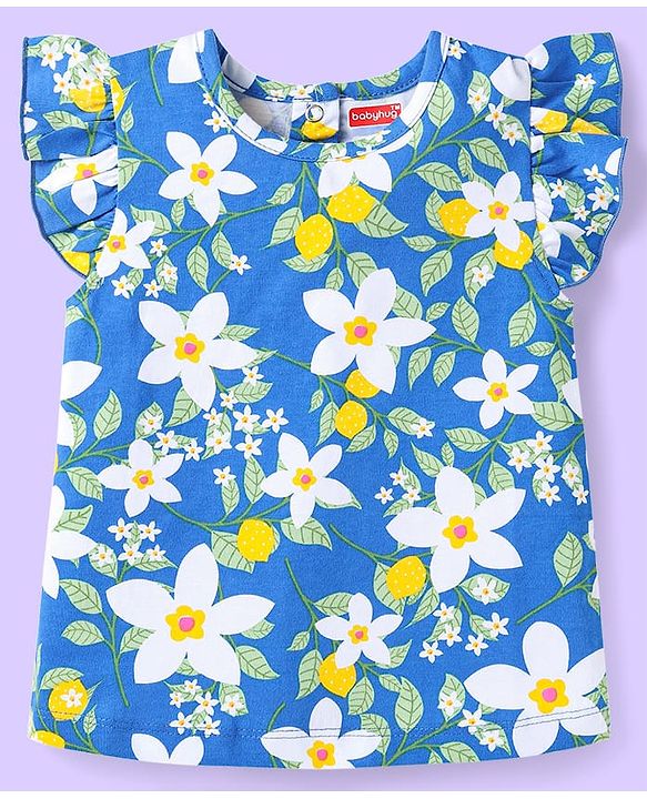 Babyhug Cotton Knit Frill Sleeves Co-ords Night Suit with Floral Print - Blue