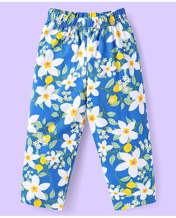 Babyhug Cotton Knit Frill Sleeves Co-ords Night Suit with Floral Print - Blue