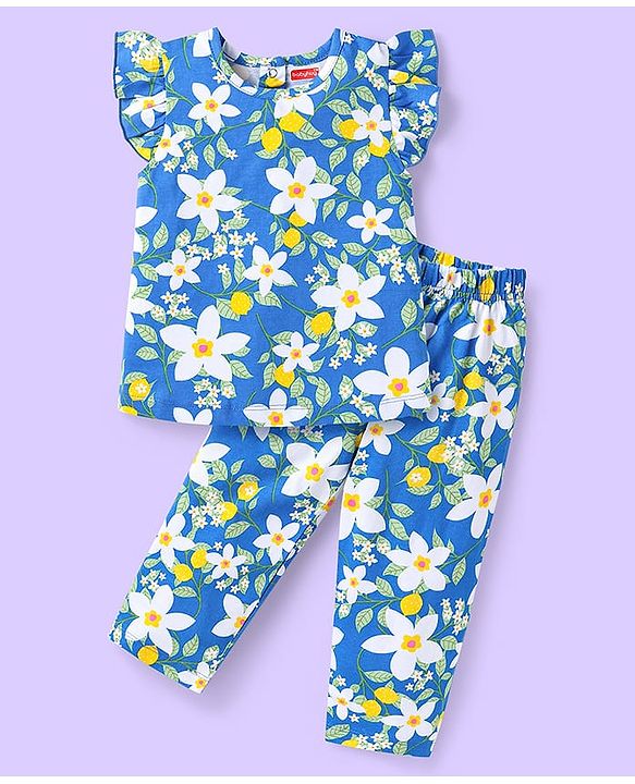 Babyhug Cotton Knit Frill Sleeves Co-ords Night Suit with Floral Print - Blue