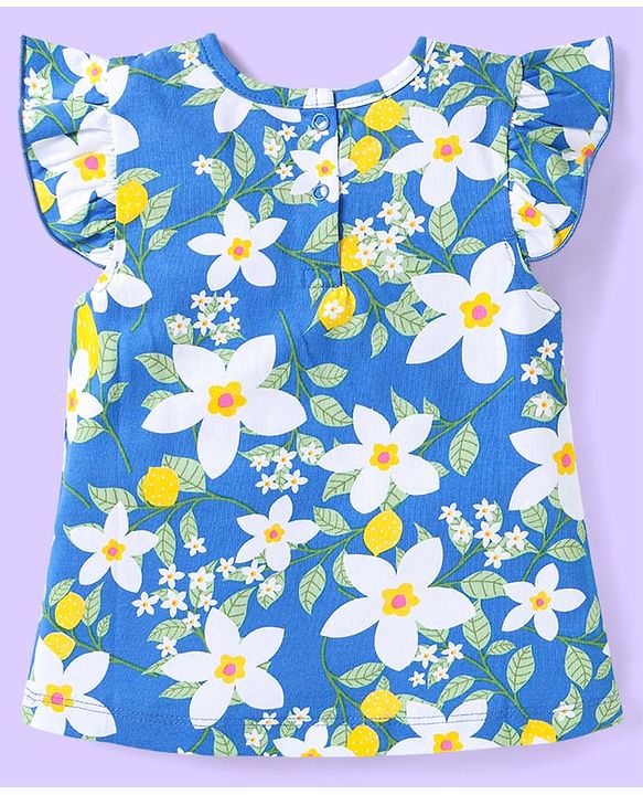 Babyhug Cotton Knit Frill Sleeves Co-ords Night Suit with Floral Print - Blue
