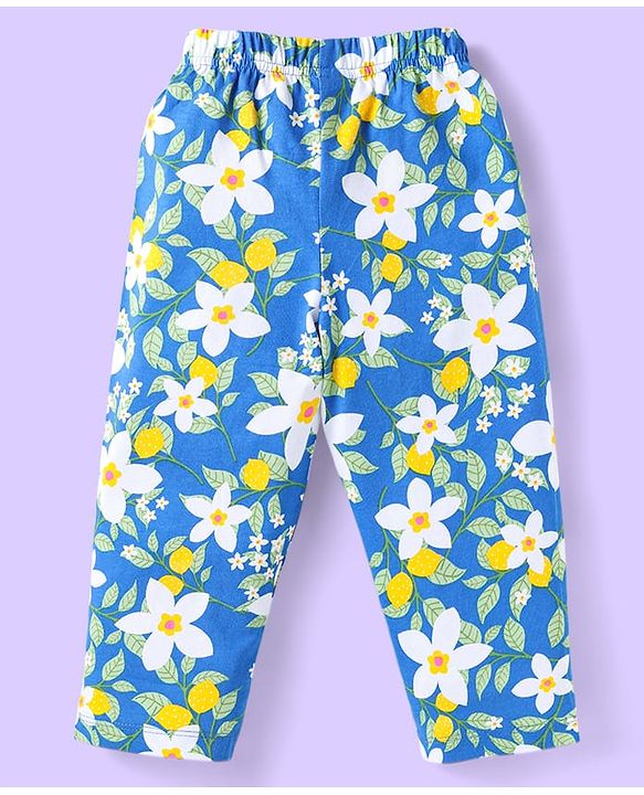Babyhug Cotton Knit Frill Sleeves Co-ords Night Suit with Floral Print - Blue