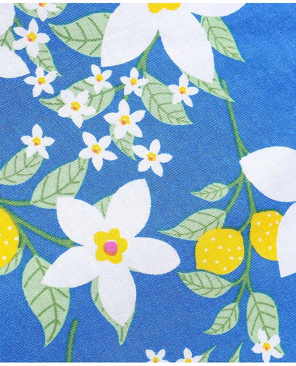 Babyhug Cotton Knit Frill Sleeves Co-ords Night Suit with Floral Print - Blue