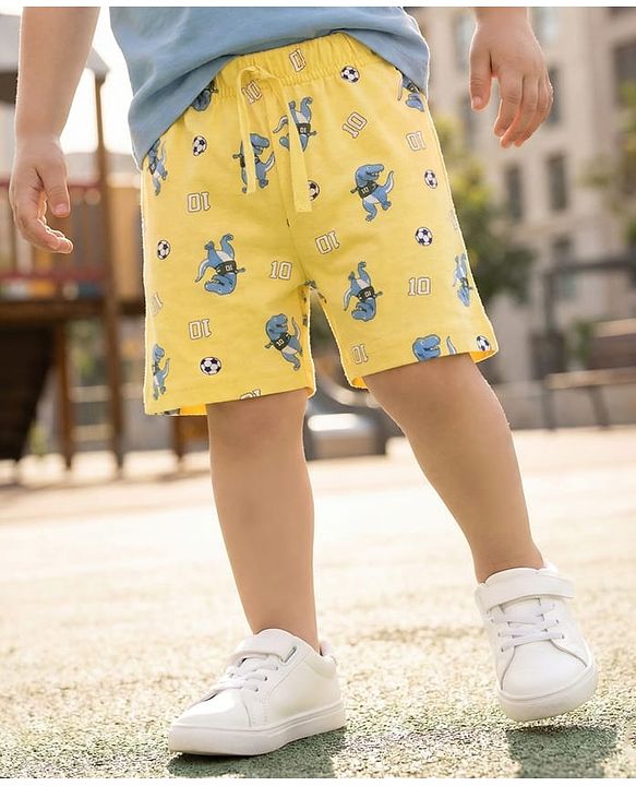Babyhug Cotton Single Jersey Knit Mid Thigh Shorts with Dino Print - Yellow
