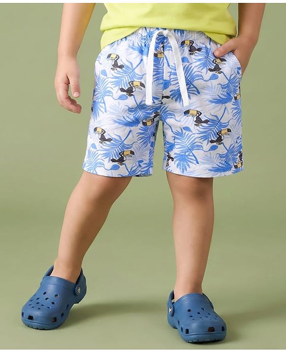 Babyhug Single Jersey Knit Mid Thigh Shorts With Bird & Leaf Print - White