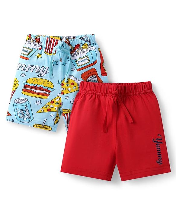 Babyhug Cotton Single Jersey Knit Mid Thigh Shorts with Food Print Pack of 2 - Red & Light Blue