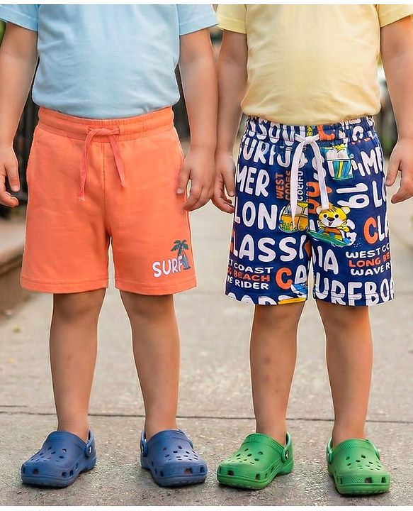 Babyhug Cotton Knit Mid Thigh Shorts with Text Print Pack of 2 - Orange & Navy Blue