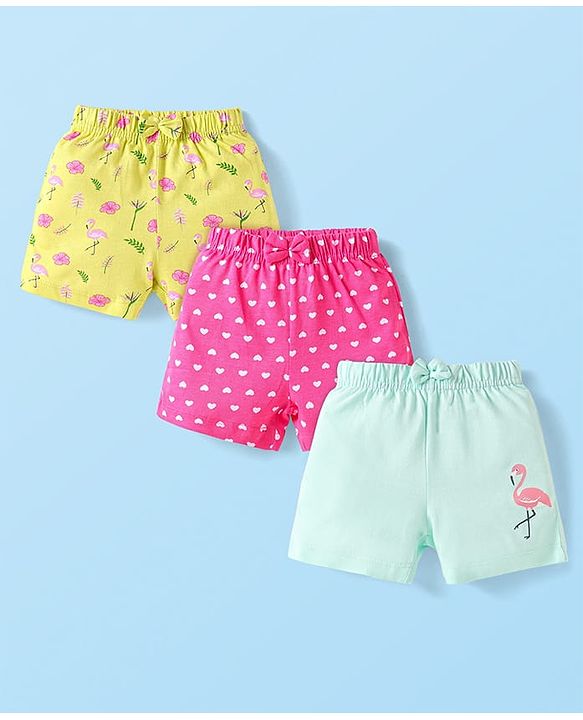 Babyhug Cotton Knit Mid Thigh Hearts Floral & Birds Printed Shorts with Bow Applique Pack of 3 - Dark Pink Yellow & Light Blue