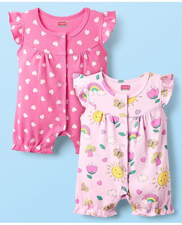 Babyhug 100% Cotton Knit Frill Sleeves Romper with Heart & Floral Print Pack of 2 - Pink & Dark Pink