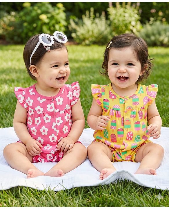 Babyhug Interlock Knit Frill Sleeves Romper With Floral & Tropical Print Pack of 2 - Pink & Yellow