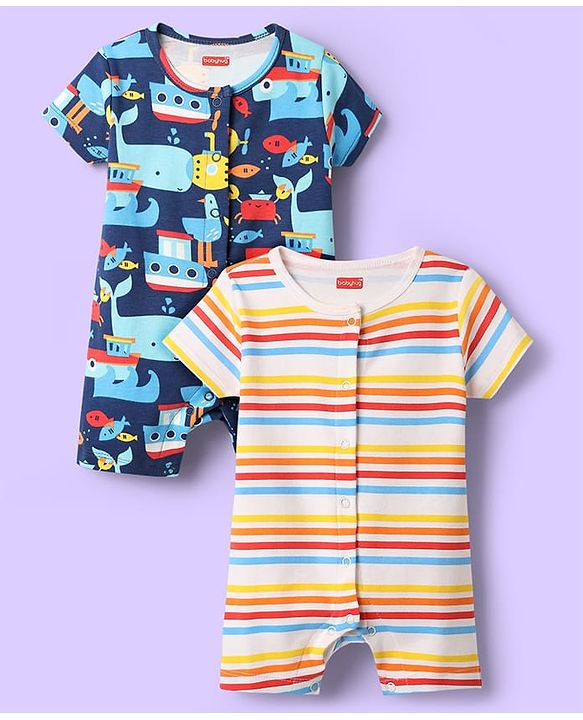 Babyhug 100% Cotton Knit Half Sleeves Romper with Stripes & Nautical  Print Pack of 2 - Navy Blue & White