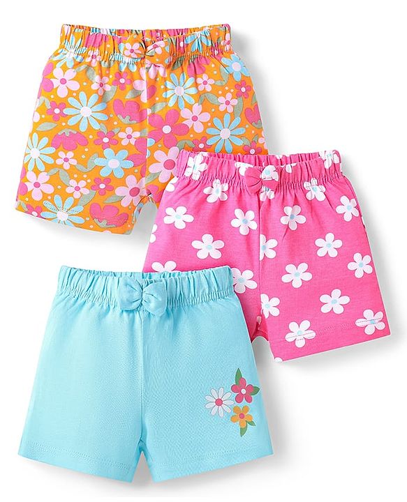 Babyhug Single Jersey Knit Mid Thigh Shorts with Floral Print & Bow Applique Pack Of 3 - Pink Orange & Light Blue