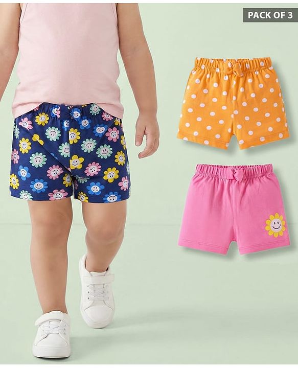 Babyhug Single Jersey Knit Mid Thigh Shorts with Polka Dot Floral Print & Bow Applique Pack of 3 - Pink Navy & Orange