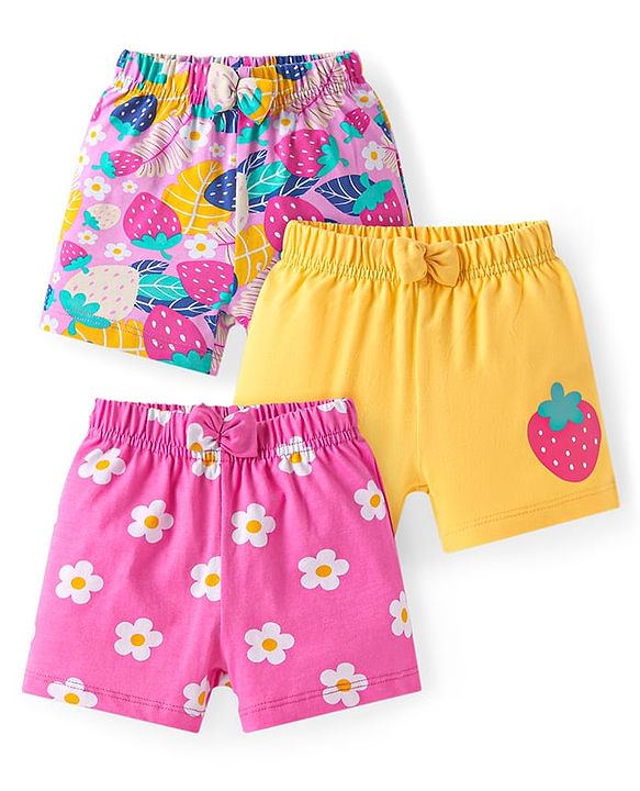 Babyhug Cotton Knit Mid Thigh Strawberry & Floral Printed Shorts with Bow Applique Pack of 3 - Pink & Yellow