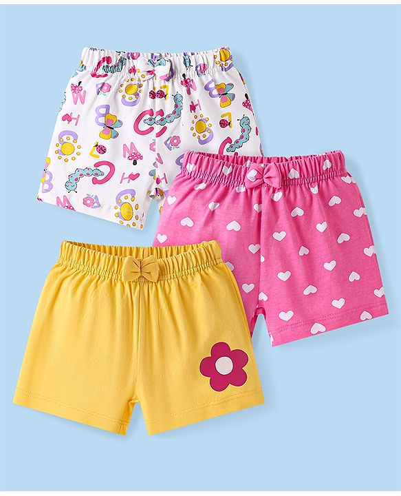 Babyhug Single Jersey Knit Mid Thigh Shorts Floral & Hearts Print Pack of 3 - Pink Yellow & White