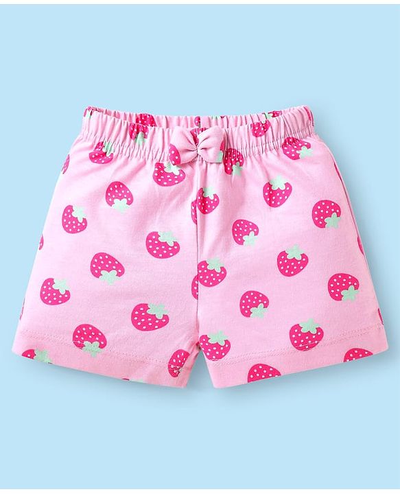 Babyhug Cotton Knit Mid Thigh Length Shorts with Tropical Theme Print & Bow Applique Pack of 3 - Pink & White