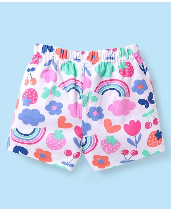 Babyhug Cotton Knit Mid Thigh Length Shorts with Tropical Theme Print & Bow Applique Pack of 3 - Pink & White