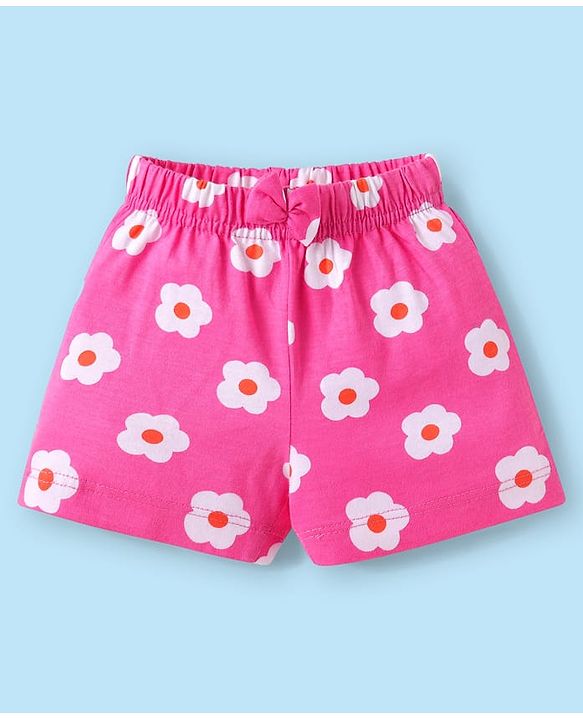 Babyhug Cotton Knit Mid Thigh Length Shorts with Tropical Theme Print & Bow Applique Pack of 3 - Pink & White