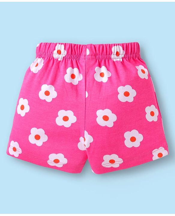 Babyhug Cotton Knit Mid Thigh Length Shorts with Tropical Theme Print & Bow Applique Pack of 3 - Pink & White