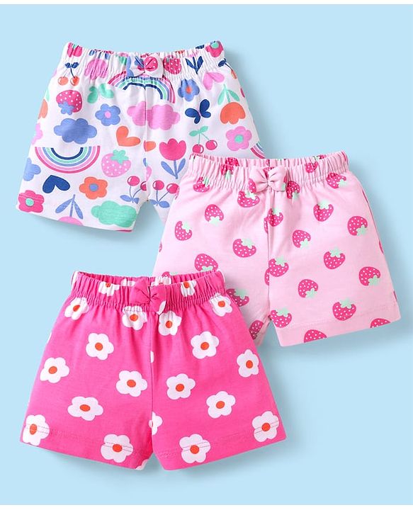Babyhug Cotton Knit Mid Thigh Length Shorts with Tropical Theme Print & Bow Applique Pack of 3 - Pink & White
