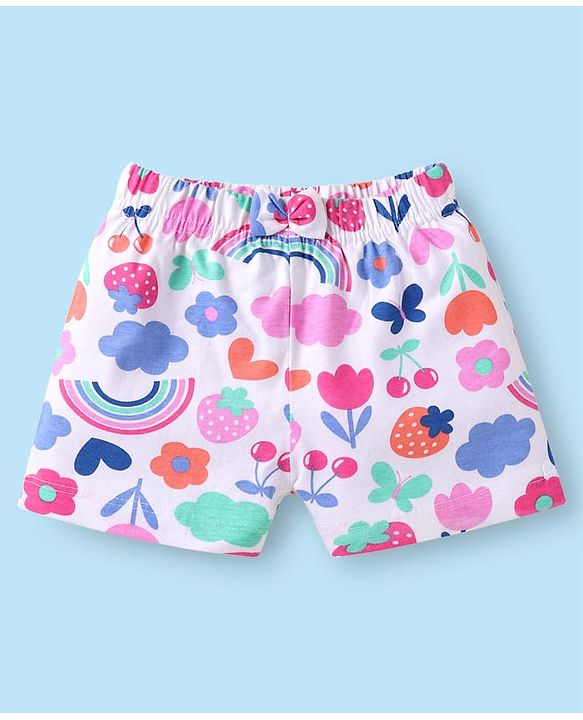 Babyhug Cotton Knit Mid Thigh Length Shorts with Tropical Theme Print & Bow Applique Pack of 3 - Pink & White