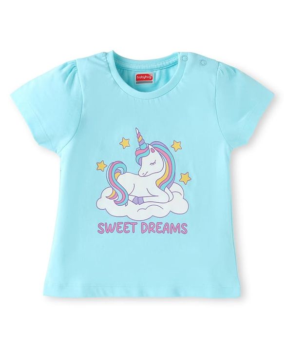 Babyhug Cotton Knit Half Sleeves Shorts Night Suit with Unicorn Print - Light Blue