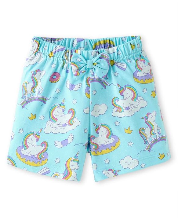 Babyhug Cotton Knit Half Sleeves Shorts Night Suit with Unicorn Print - Light Blue