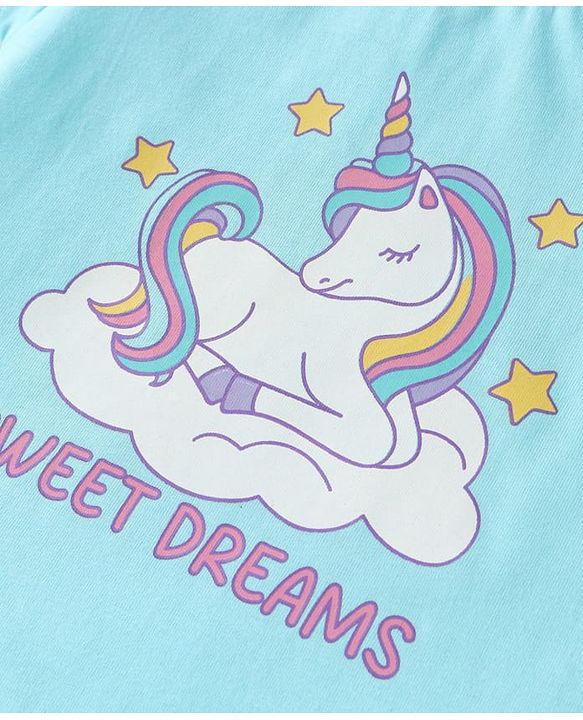 Babyhug Cotton Knit Half Sleeves Shorts Night Suit with Unicorn Print - Light Blue