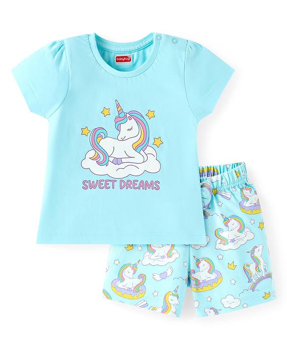 Babyhug Cotton Knit Half Sleeves Shorts Night Suit with Unicorn Print - Light Blue