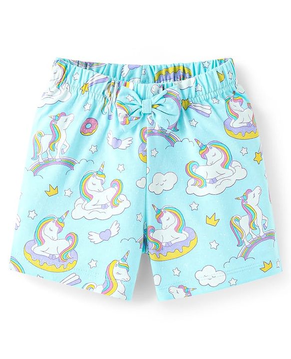 Babyhug Cotton Knit Half Sleeves Shorts Night Suit with Unicorn Print - Light Blue