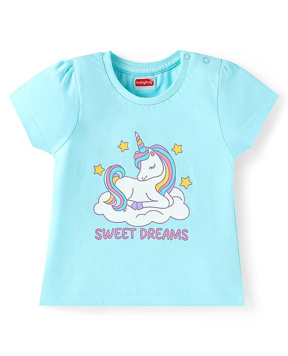 Babyhug Cotton Knit Half Sleeves Shorts Night Suit with Unicorn Print - Light Blue