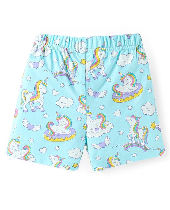 Babyhug Cotton Knit Half Sleeves Shorts Night Suit with Unicorn Print - Light Blue