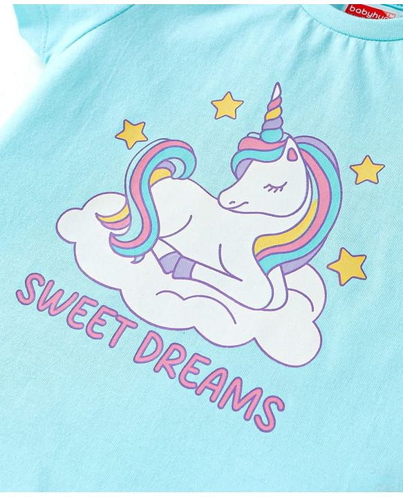 Babyhug Cotton Knit Half Sleeves Shorts Night Suit with Unicorn Print - Light Blue