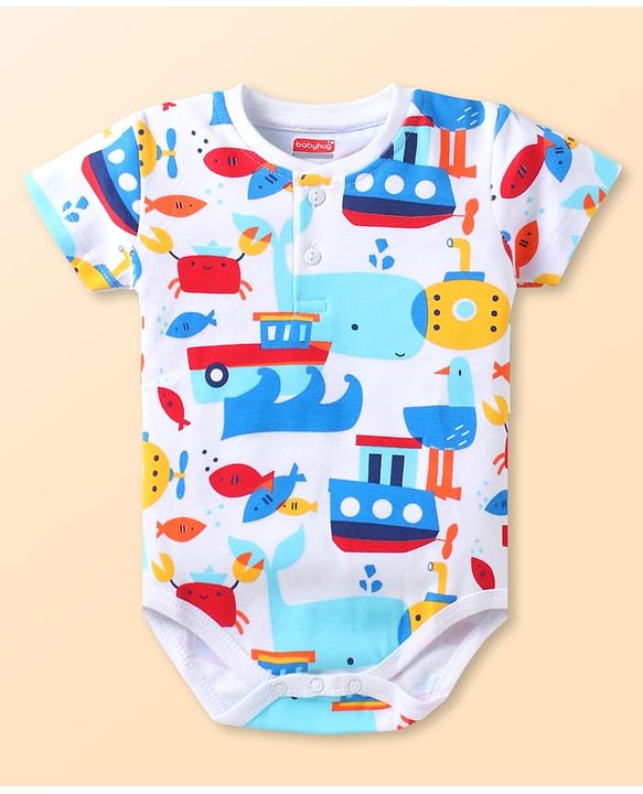 Babyhug 100% Cotton Knit Half Sleeves Onesie with Nautical Theme Print - White