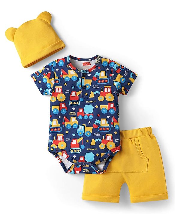 Babyhug 100% Cotton Knit Half Sleeves Vehicle Printed Onesie With Shorts & Cap - Navy Blue & Yellow