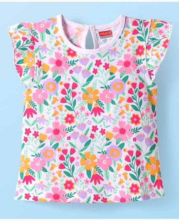 Babyhug Cotton Knit Frill Sleeves Top with Floral Print - White