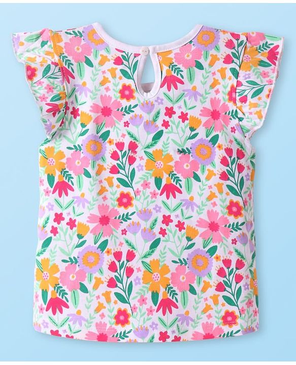 Babyhug Cotton Knit Frill Sleeves Top with Floral Print - White