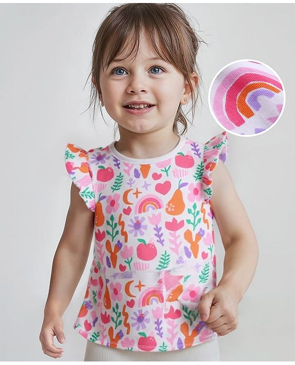 Babyhug Cotton Knit Frill Sleeves Top with Tropical Theme Print - White