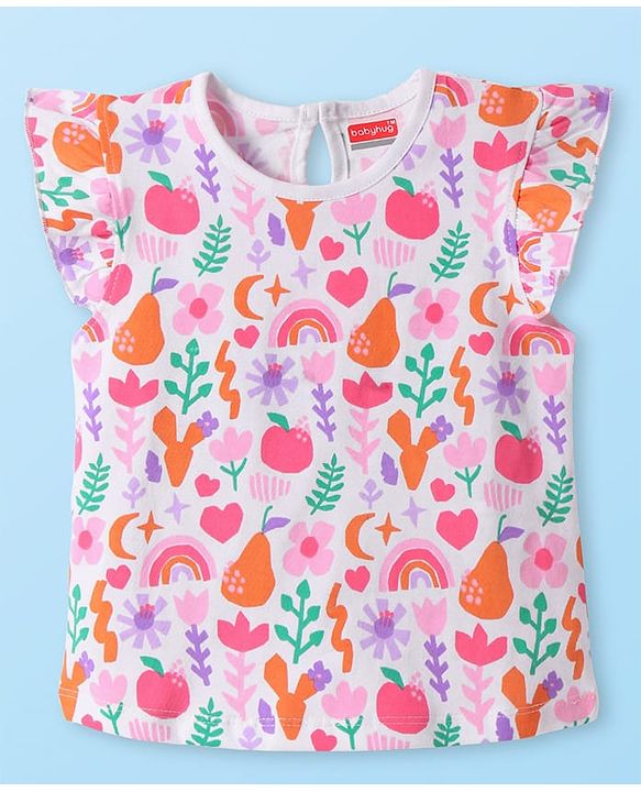 Babyhug Cotton Knit Frill Sleeves Top with Tropical Theme Print - White