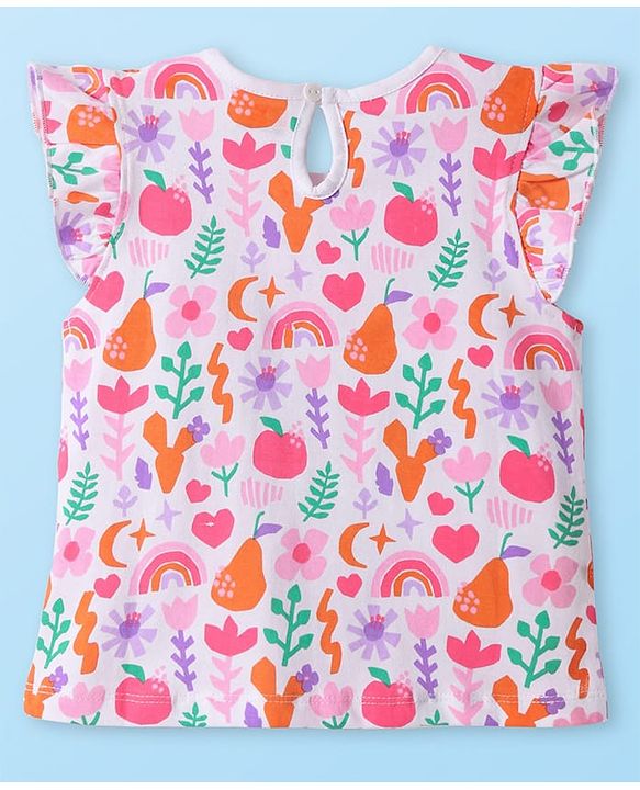 Babyhug Cotton Knit Frill Sleeves Top with Tropical Theme Print - White