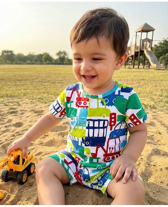 Babyhug 100% Cotton Knit Half Sleeves Romper with Vehicle  Print - White & Green