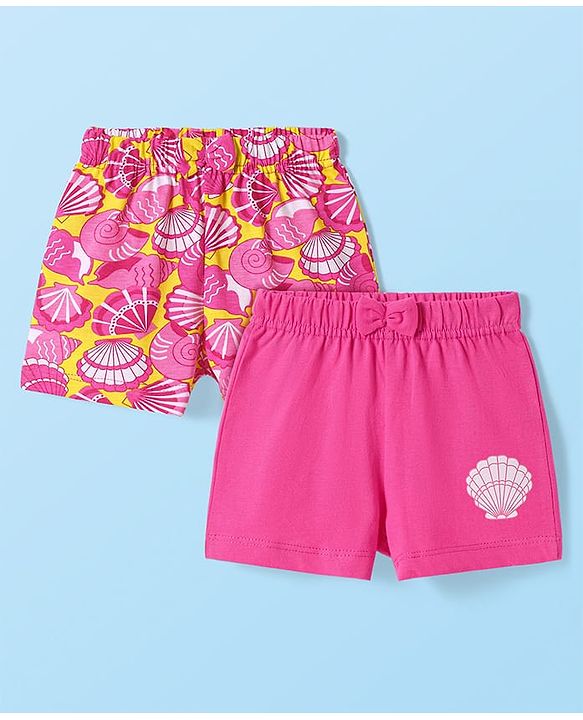 Babyhug Cotton Knit Mid Thigh Shell Printed Shorts with Bow Applique Pack of 2 - Dark Pink
