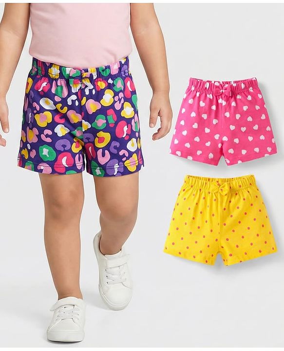 Babyhug Single Jersey Knit Mid Thigh Bow Applique Shorts with Polka Dots & Hearts Print Pack of 3 - Pink Yellow & Purple