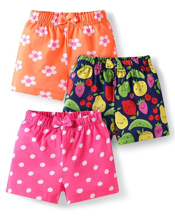 Babyhug Single Jersey Knit Mid Thigh Bow Applique Shorts with Polka Dots & Floral Print Pack of 3 - Dark Pink Navy Blue & Orange