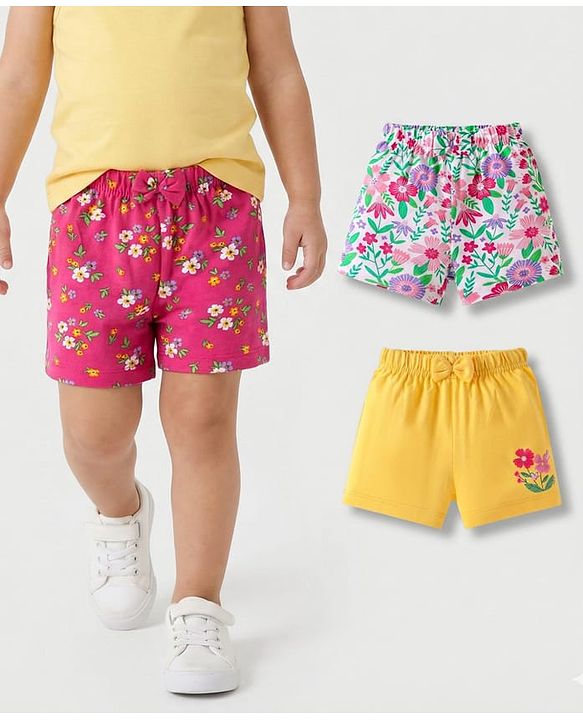 Babyhug Single Jersey Knit Mid Thigh Shorts Floral Print Pack of 3 - Dark Pink Yellow & White