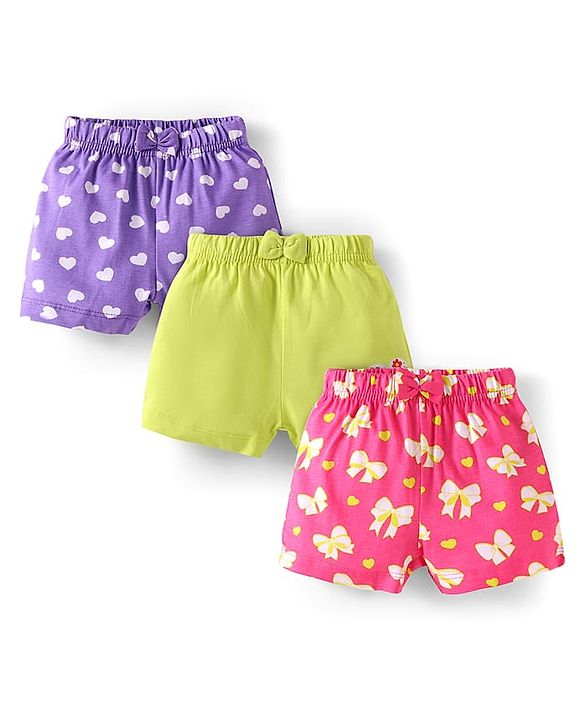Babyhug Single Jersey Knit Mid Thigh Bow Applique Shorts with Heats & Bow Print Pack of 3 - Purple Neon Green & Dark Pink